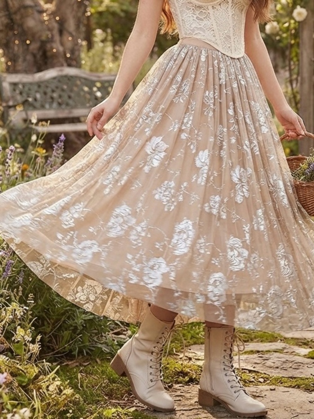 Origami Romantic Skirt Cream w/ Silver Tulle Overlay. Cottagecore, Fairycore